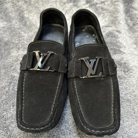 Louis Vuitton Suede Driving Loafers Men's 6.5 Black LV Hardware Made Italy - Picture 3 of 16